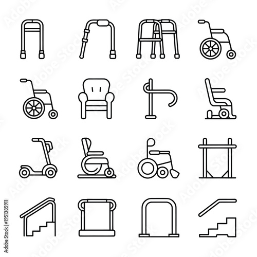 Line art illustrations depicting assistive devices for mobility and support