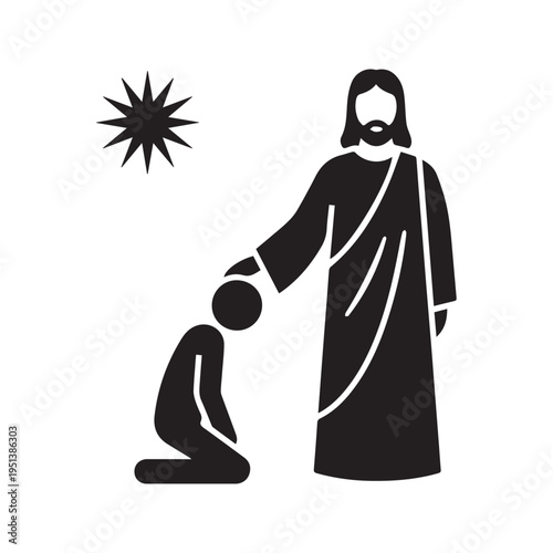 Jesus Christ comforting a kneeling repentant man silhouette icon vector illustration
