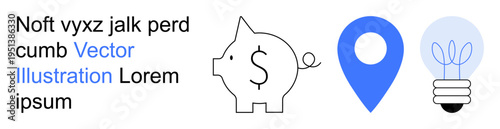 Financial growth, navigation, innovation, technology, planning, creativity. Piggy bank symbol with dollar sign, location pin and light bulb icon emphasizing ideas. Savings and navigation