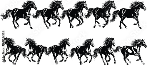 Running horse silhouette set, galloping stallion action poses collection, wild mustang equine farm animal, cad drawing flat vector illustration, isolated.