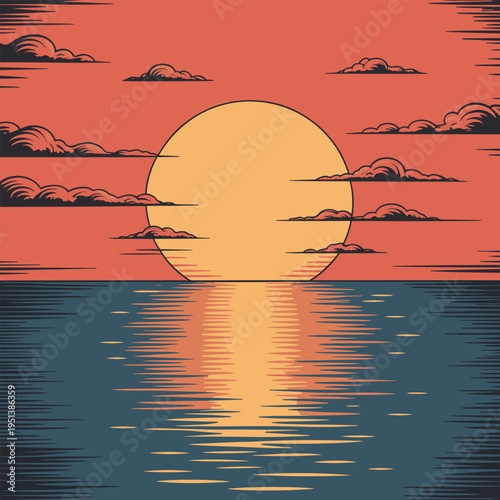 Sunset Over Ocean with Clouds and Reflection Stylized Retro Graphic