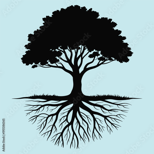 Black Silhouette Tree with Extensive Root System on Light Blue Background