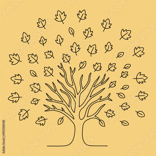 Bare Tree Branches with Falling Leaves Autumn Season Minimalist Line Art Stock