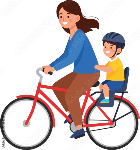 Woman and young boy ride a bicycle together with the child seated safely in a rear carrier seat.