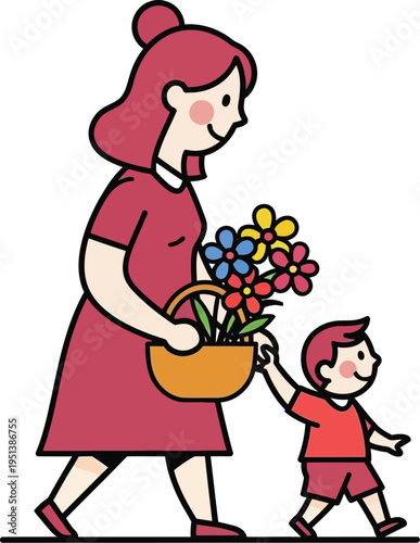 Mother and son walk together holding hands while carrying a basket of colorful flowers.