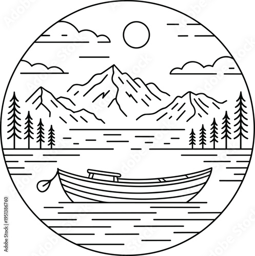 Rowboat on Lake with Mountains and Trees Line Art Circle Illustration