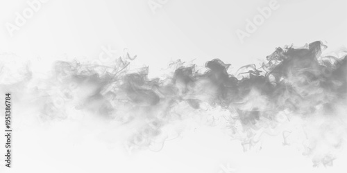 Pale grey smoke curls softly forming delicate flowing shapes on a transparent background. Its texture is light and airy. Ideal for layered designs. PNG