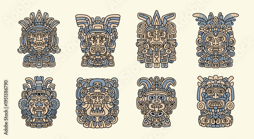 Collection of ancient Mayan or Aztec stone masks with intricate carved details representing tribal deities or ancestors.