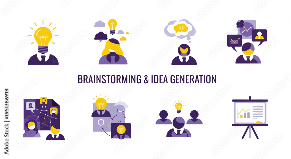 Fototapeta premium Set of 8 Brainstorming & Idea Generation vector icons featuring business people, lightbulbs, thought bubbles, and presentation boards, ideal for marketing and web design.