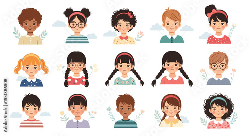 Diverse children portraits showing various hairstyles, glasses, and colorful clothing to promote inclusivity and unity.