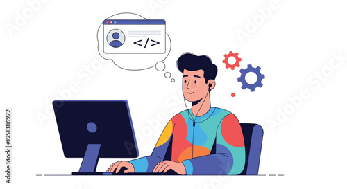 Young man wears headphones while coding on a computer with web development icons reflecting a technical work process.