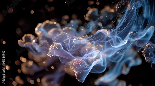 A mesmerizing ethereal nebula of blue and golden light swirls against a dark backdrop, creating an otherworldly and dreamlike abstract scene.