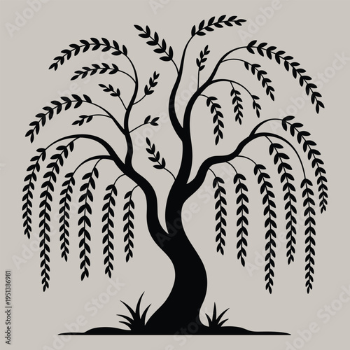 Black Weeping Willow Tree Silhouette with Hanging Branches and Leaves on Neutral Background