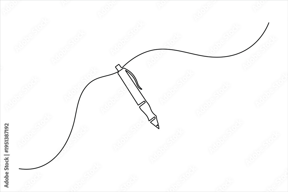 Obraz premium Minimalist one-line art illustration of a ballpoint pen. Sleek continuous black line drawing on a white background, perfect for modern design projects.