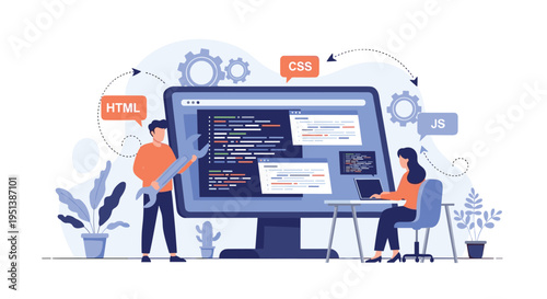 Team of developers works on a website project with coding symbols and various languages on a large computer monitor.