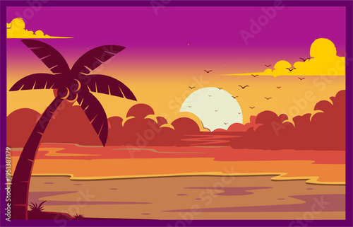 Boho beach illustration with a single palm tree, terracotta sunset sky, ocean waves, and birds in a minimalist vector art style. Perfect for tropical decor and summer prints
