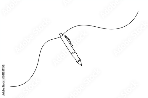 Minimalist one-line art illustration of a ballpoint pen. Sleek continuous black line drawing on a white background, perfect for modern design projects.