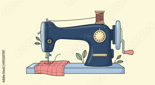 Classic vintage sewing machine sits on a table with thread and fabric ready for a creative tailoring or craft project.