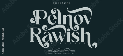 Pelnow Rawish Luxury wedding alphabet letters font. Typography elegant classic lettering serif fonts and number decorative vintage retro with tails concept. vector illustration
