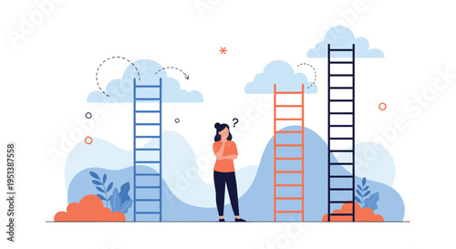 Confused woman stands between three blue, orange, and dark grey ladders of different heights, trying to decide which path to take.