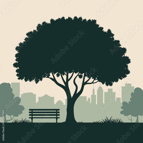 City Park Silhouette with Large Tree and Bench in Foreground Skyline Background