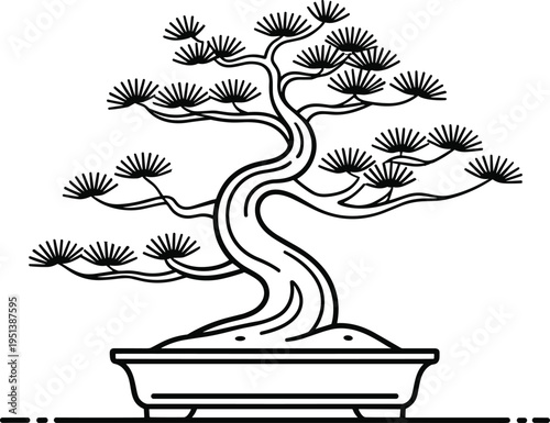 Stylized Bonsai Tree Line Art in Pot Minimalist Japanese Garden Element Stock Illustration