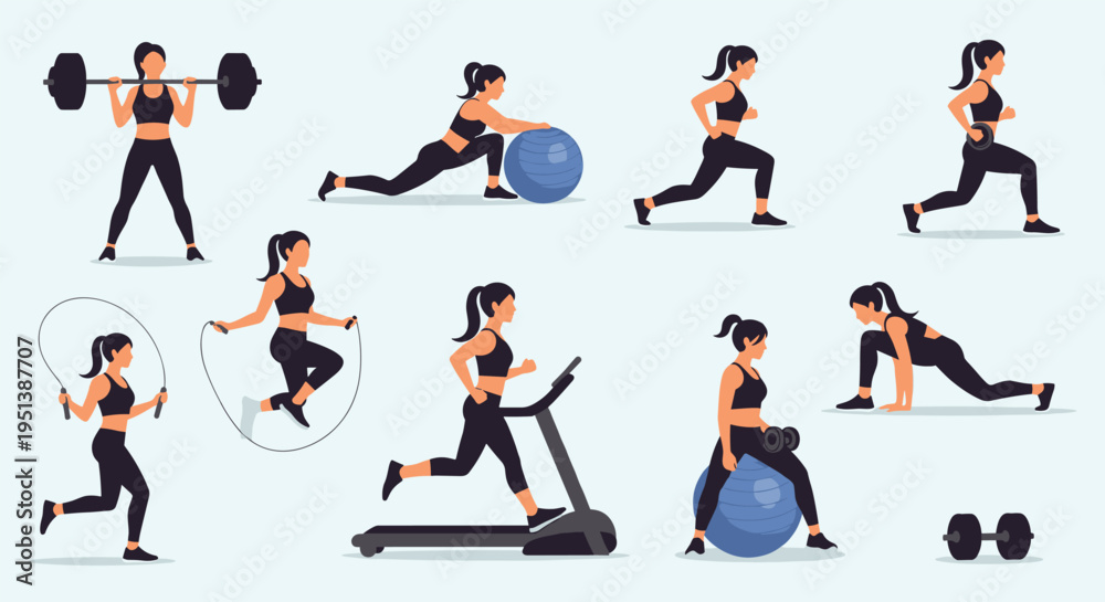Fototapeta premium Comprehensive collection of various fitness exercises and workout routines performed by a woman using weights, treadmill, and yoga ball.