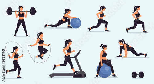 Comprehensive collection of various fitness exercises and workout routines performed by a woman using weights, treadmill, and yoga ball.