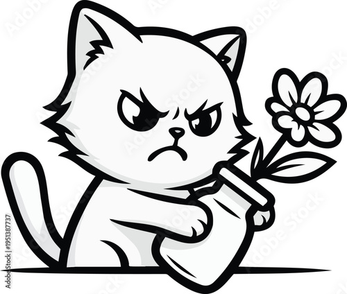 Grumpy Angry Kitten Holding Flower Pot Cartoon