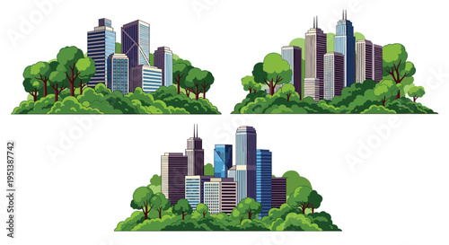 Set of three illustrations showing modern city skyscrapers and buildings nestled within lush green forests under a bright blue sky.
