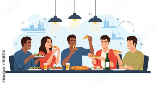Diverse group of five friends sits together at a long table enjoying a meal of pizza and fresh salads in a warm, social restaurant setting.