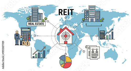 Global real estate investment trust concept diagram with icons for property, world map, financial charts, and legal trust documents.
