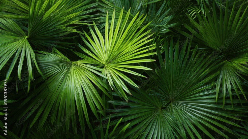 Obraz premium Fan palm leaves overlapping in dense tropical foliage