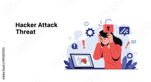 Stressed woman holds her head in her hands while looking at a laptop screen displaying a hacker attack threat and security warnings.