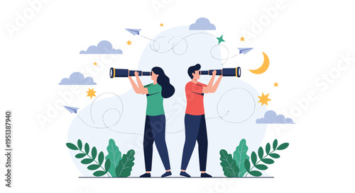 Man and woman stand back to back looking through long telescopes into the night sky, surrounded by stars, clouds, and paper planes.