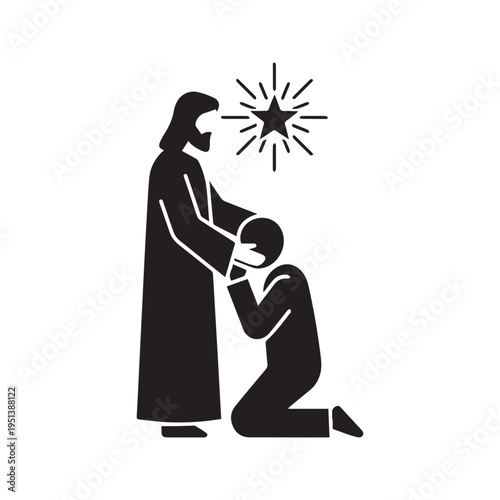 Jesus Christ comforting a kneeling repentant man silhouette icon vector illustration

