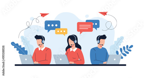 Group of three customer service agents wearing headsets work on laptops to provide support and communicate with clients via chat.