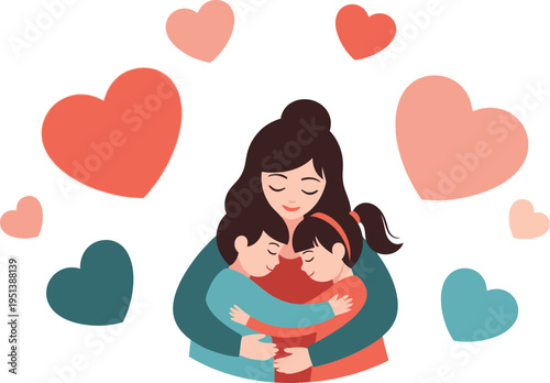 Joyful mother embraces her young daughter while several red hearts float around them in a loving depiction.