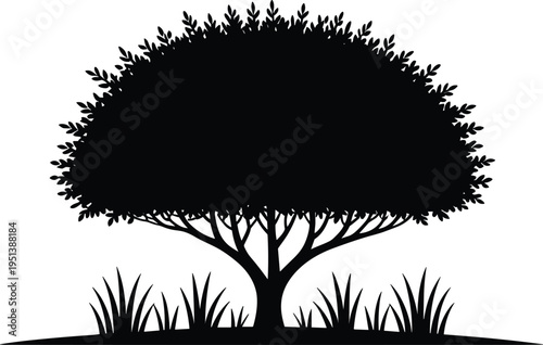 Stylized Black Tree Silhouette with Grass Against White Background