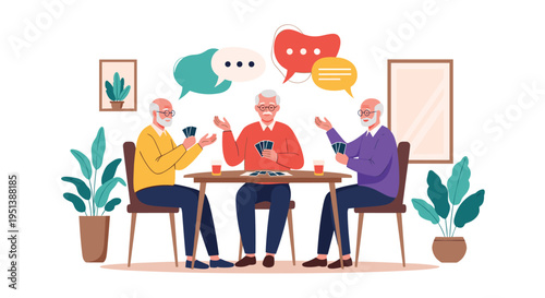 Three elderly men enjoy playing a card game together at a table in a cozy room, sharing stories and drinks during their free time.