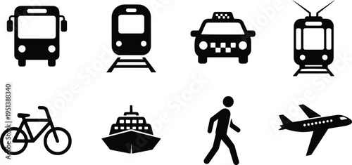 A set of vector line art silhouettes depicting various modes of transportation in a bundle