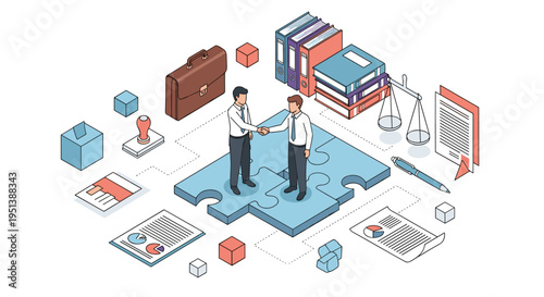 Businessmen shake hands while standing on a jigsaw puzzle piece in a 3D isometric workspace filled with office and legal items.