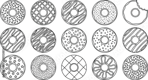 Detailed line art icons of various donuts with different toppings, glazes, and sprinkles including one with a bite taken out of it.