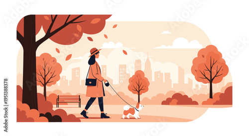 Stylish woman walks her small dog through a city park during the autumn season, with orange trees and a distant skyline in view.