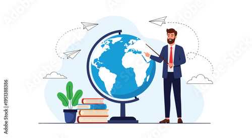 Enthusiastic teacher points at a large globe with a stick while standing next to a stack of books and floating paper airplanes.