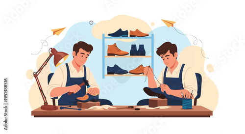 Professional shoemakers working in a workshop repairing and crafting footwear with traditional tools and techniques.