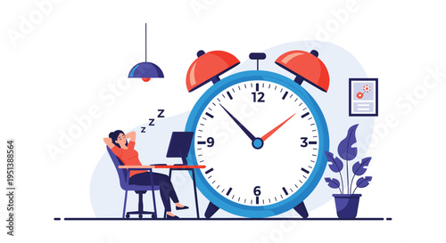 Exhausted employee sleeping at a workspace next to a giant alarm clock symbolizing burnout and poor time management.
