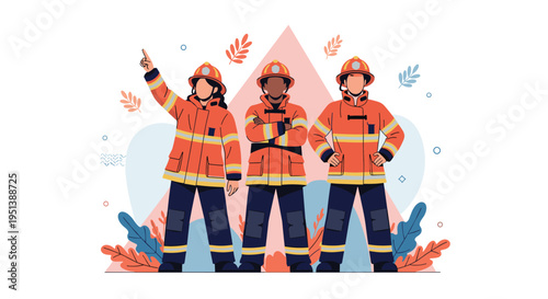 Team of professional firefighters standing together in full uniform ready for emergency response and public safety.