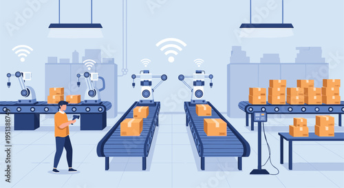 Modern automated warehouse facility featuring robotic arms and smart technology for efficient logistics and package sorting.