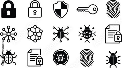 A set of vector line art silhouettes depicting cybersecurity and protection concepts in a bundle of icons